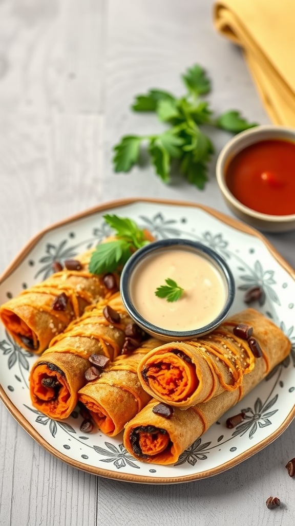Sweet potato and black bean taquitos served on a decorative plate with dipping sauce