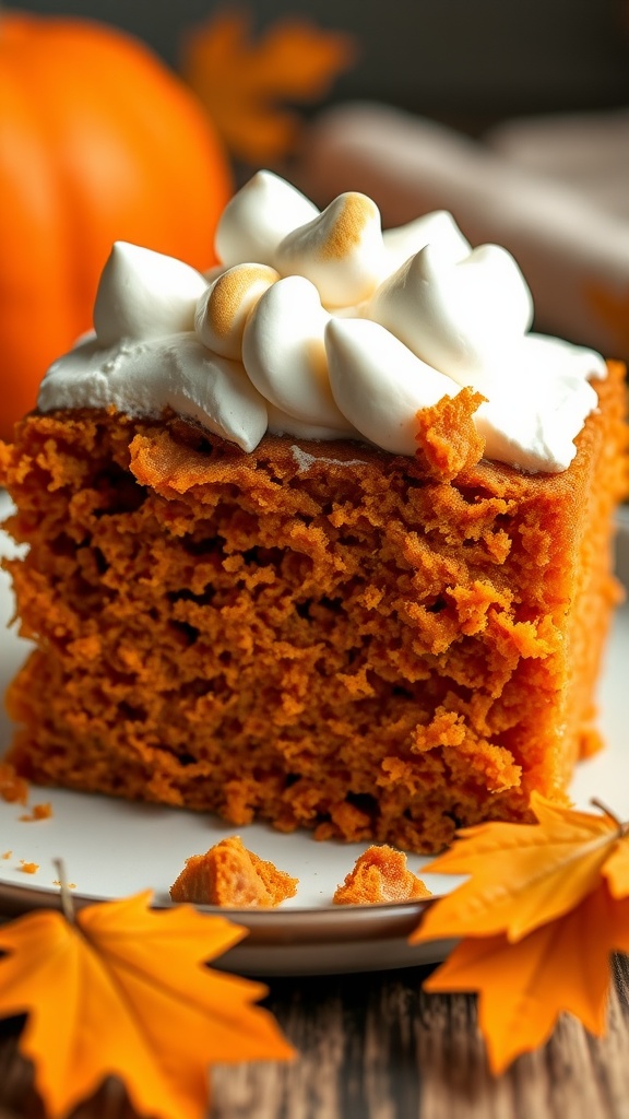 Slice of sweet potato cake with marshmallow frosting on a plate, surrounded by autumn leaves and a small pumpkin.