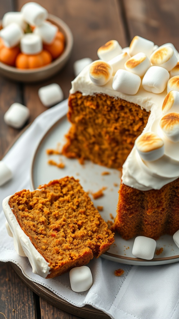 A moist sweet potato cake topped with marshmallow frosting and mini marshmallows, with a slice cut out, placed on a rustic wooden table.