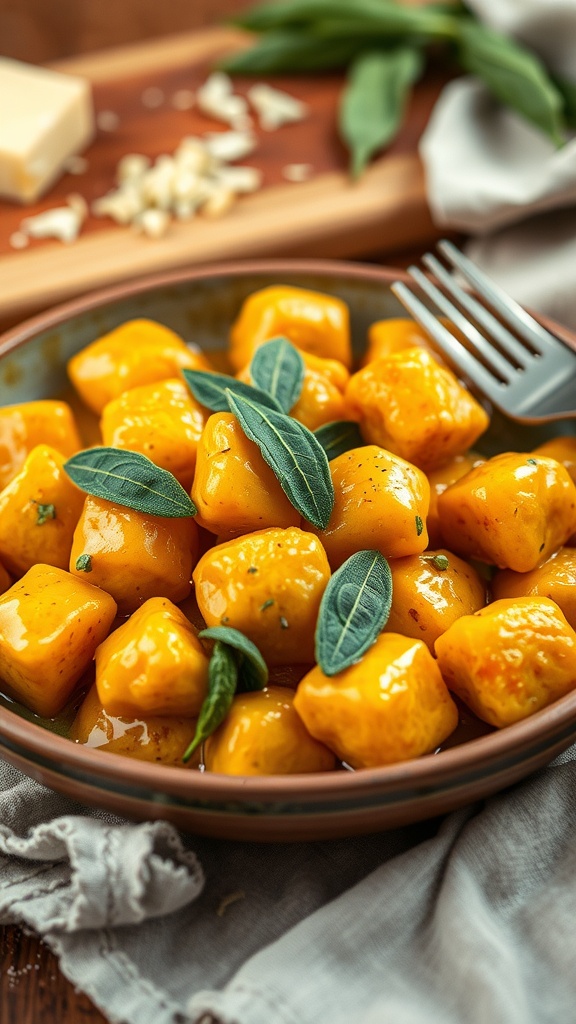 A plate of sweet potato gnocchi with sage butter, garnished with fresh sage leaves.