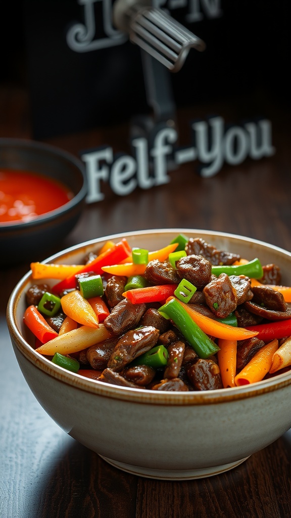 A bowl of Szechuan Pepper Beef with colorful bell peppers and green onions