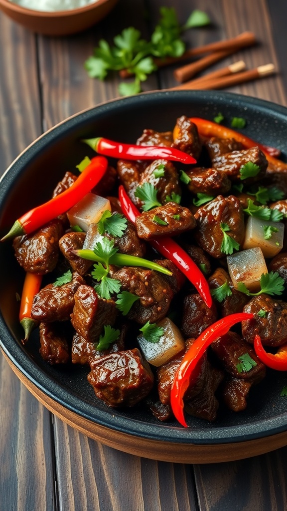A close-up view of Szechuan Pepper Steak with vibrant peppers and cilantro