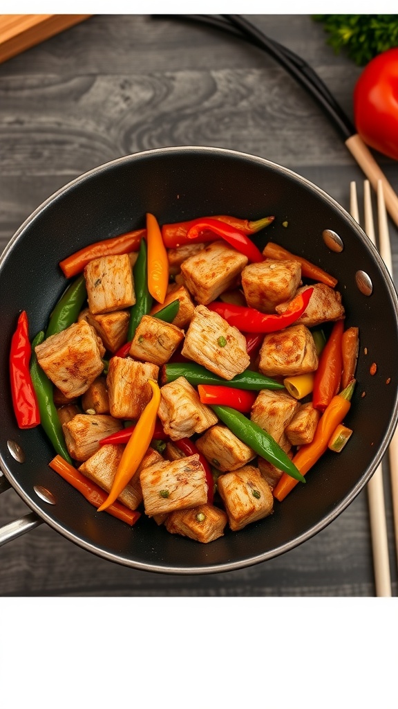 A skillet filled with Szechuan pork cubes and a mix of colorful peppers.