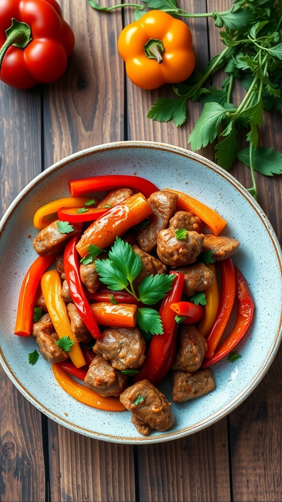 A colorful bowl of Szechuan pork with red, yellow, and orange bell peppers garnished with parsley