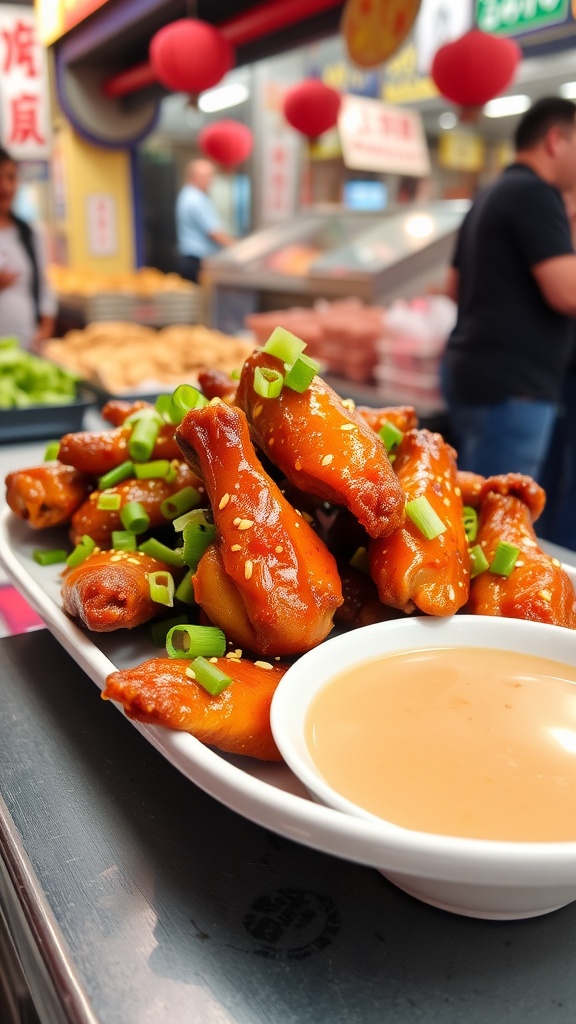 A plate of Szechuan spiced duck wings coated in red sauce, garnished with green onions, set in a bustling street food market.