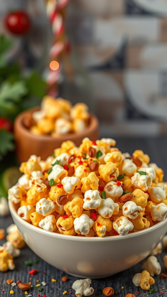 A large bowl of taco flavored popcorn with colorful toppings, surrounded by fresh ingredients.