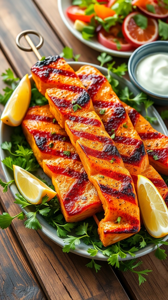 Tandoori salmon skewers on a plate with herbs and lemon wedges, served with yogurt sauce.