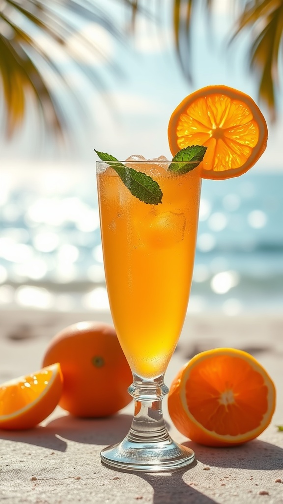A refreshing Tangerine Rum Cooler cocktail with a slice of tangerine and mint leaf, set against a sunny beach backdrop.