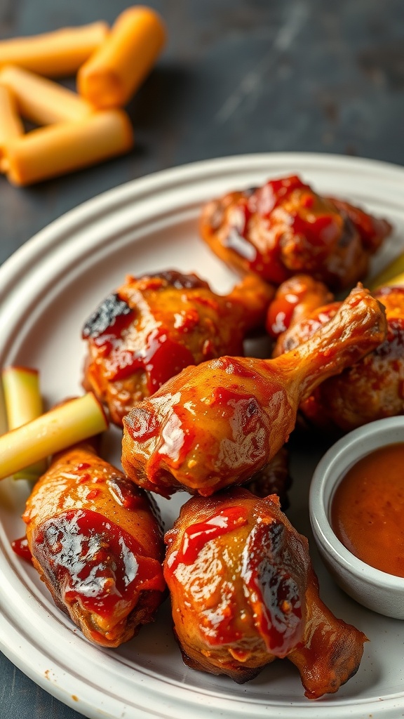 Tangy BBQ chicken drumsticks on a plate with sauce and cheese sticks in the background.