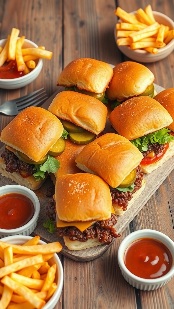 A platter of BBQ ground beef sliders with pickles and lettuce, served with fries and dipping sauces.
