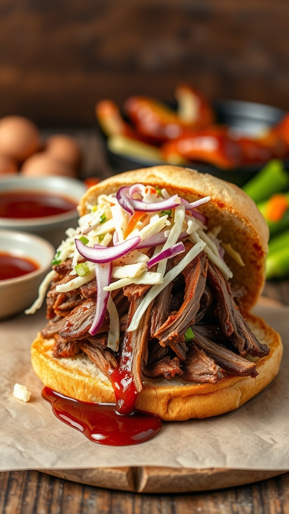 A delicious brisket sandwich topped with coleslaw and BBQ sauce.
