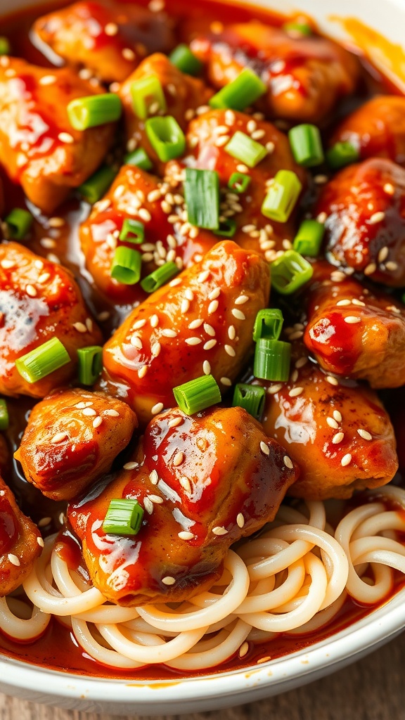 A delicious teriyaki chicken casserole with green onions and sesame seeds.