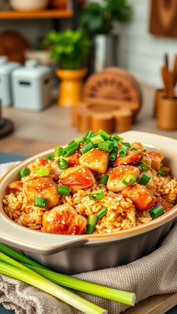 A delicious Teriyaki Chicken Rice Bake garnished with green onions and sesame seeds