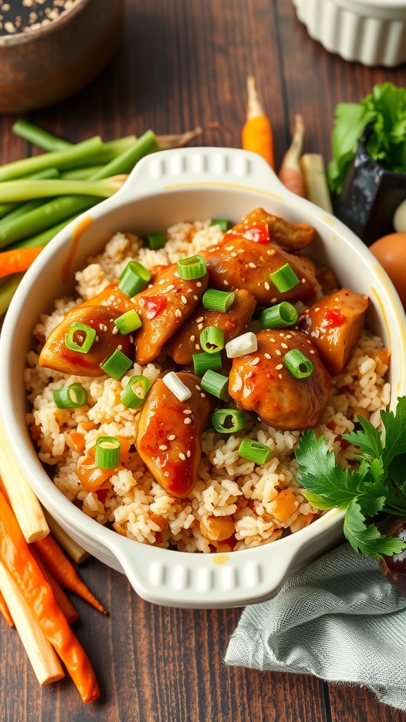 A delicious teriyaki chicken rice bake served in a white casserole dish, garnished with green onions and sesame seeds, alongside fresh vegetables.
