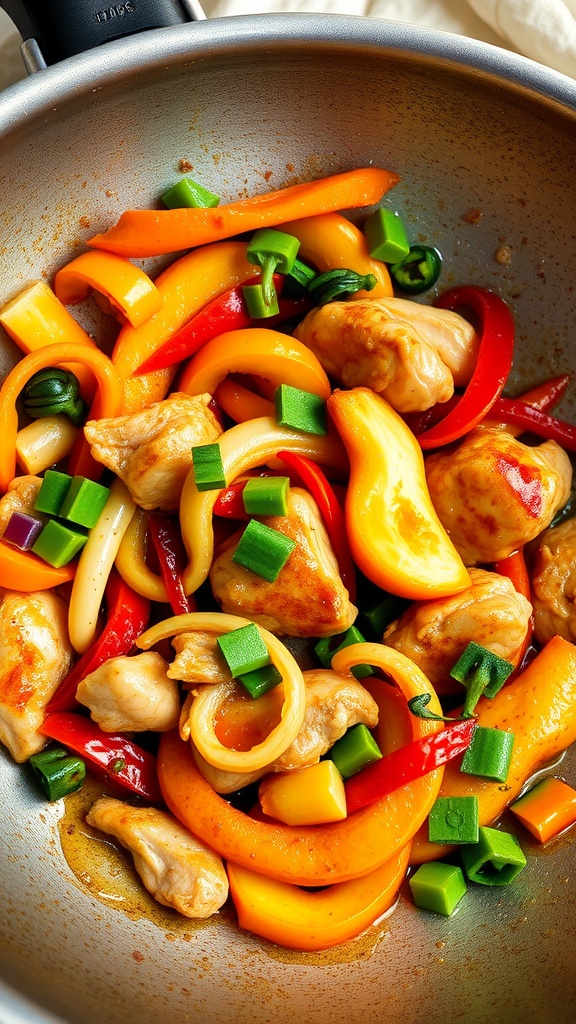 A vibrant teriyaki chicken stir-fry with colorful bell peppers and green onions.
