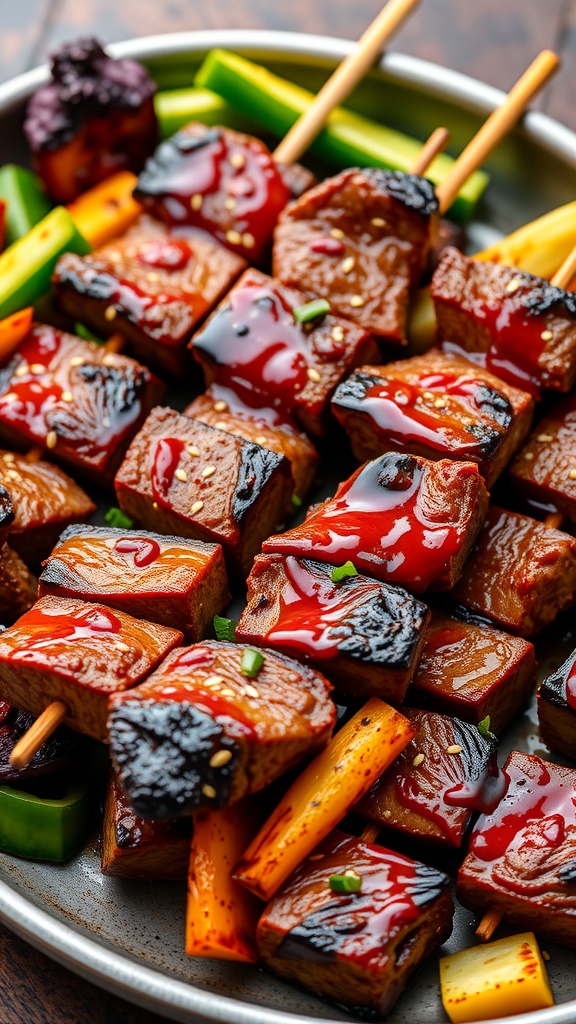Grilled sirloin skewers glazed with teriyaki sauce, garnished with sesame seeds and green onions, served with colorful vegetables.