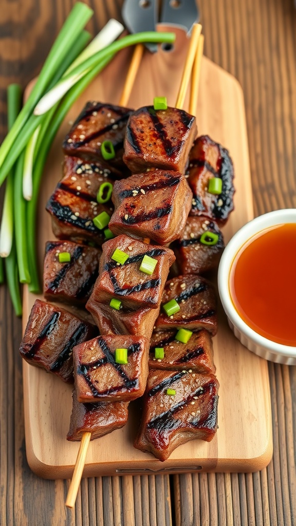 Grilled sirloin steak skewers garnished with green onions and served with teriyaki sauce.