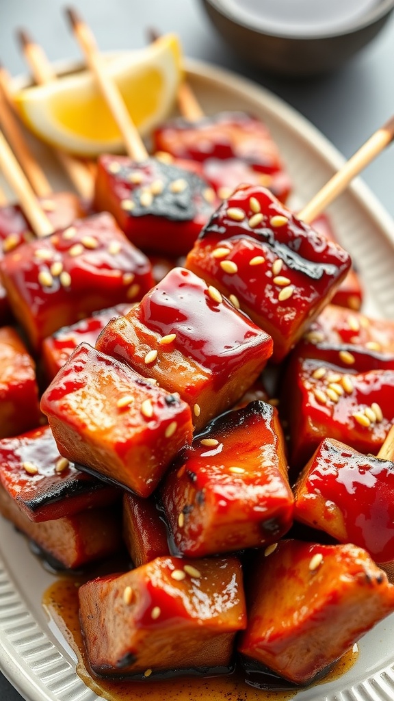Delicious teriyaki pork skewers glazed with sauce and garnished with sesame seeds