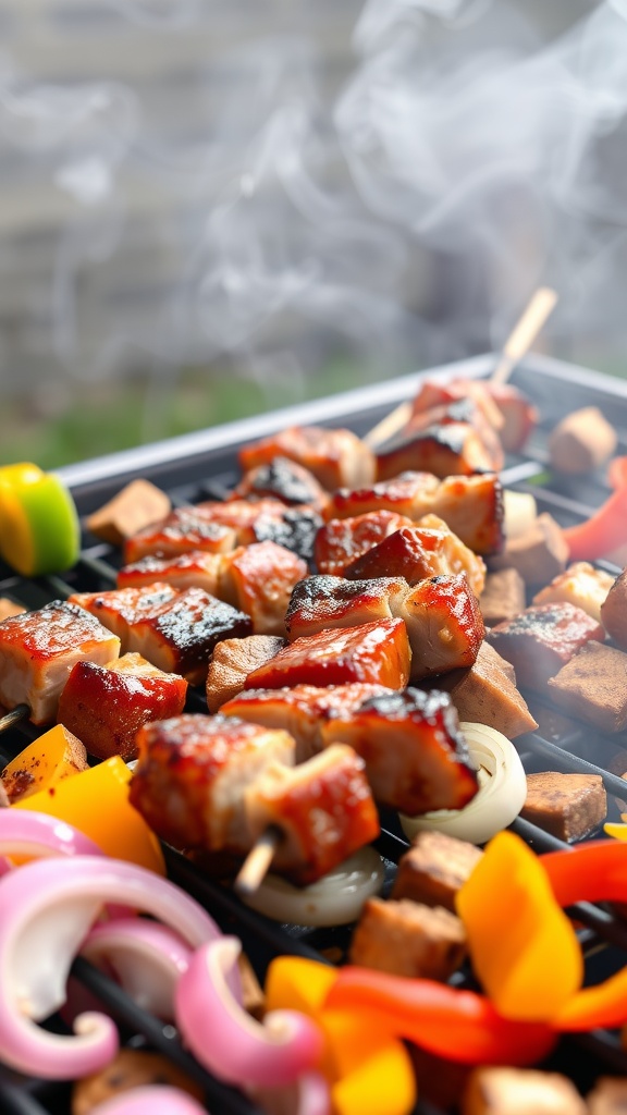 Delicious teriyaki pork skewers grilling on a barbecue with colorful vegetables.