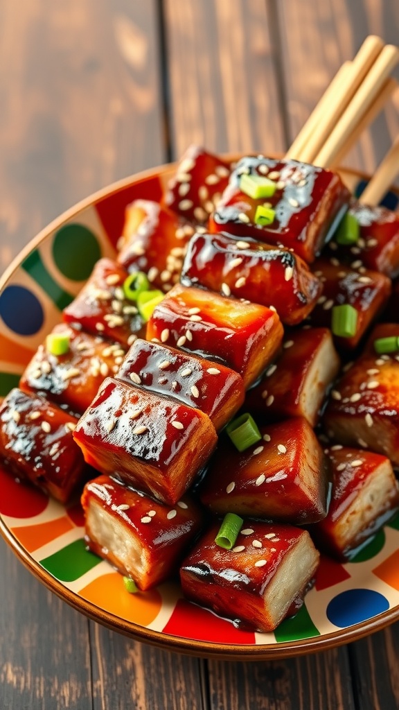 Delicious teriyaki pork skewers glazed and garnished with green onions on a colorful plate.