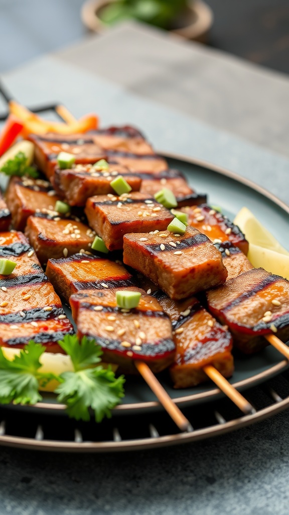 Grilled teriyaki steak skewers served on a plate