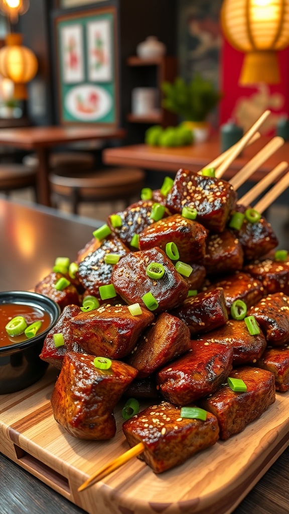 A platter of teriyaki steak skewers garnished with green onions and served with a side of sauce.