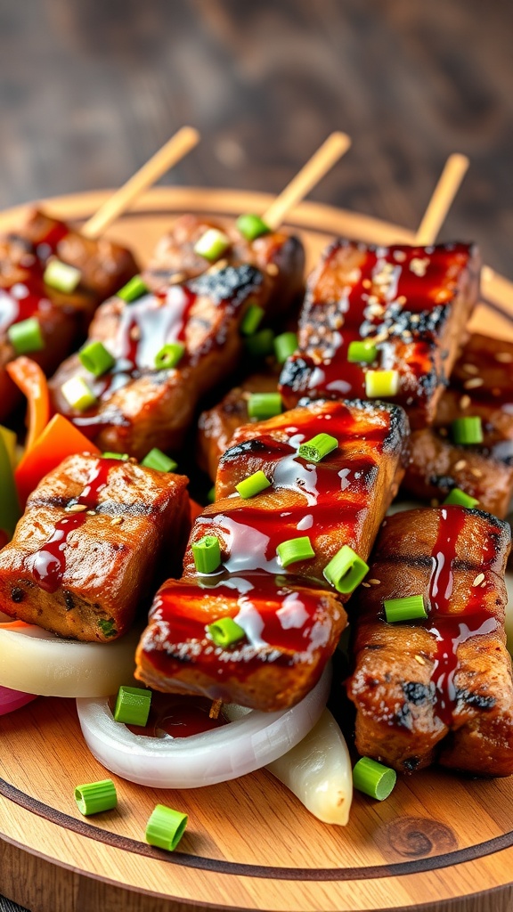 Delicious teriyaki steak skewers served on a wooden platter with vegetables