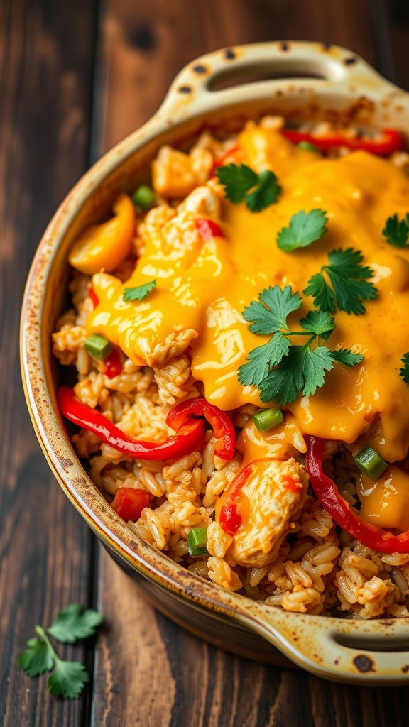 A delicious Tex-Mex Chicken and Rice Casserole topped with melted cheese and garnished with cilantro