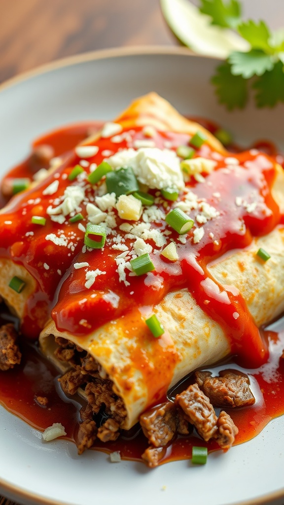 A plate of chopped beef enchiladas topped with sauce and garnished with green onions and cheese.
