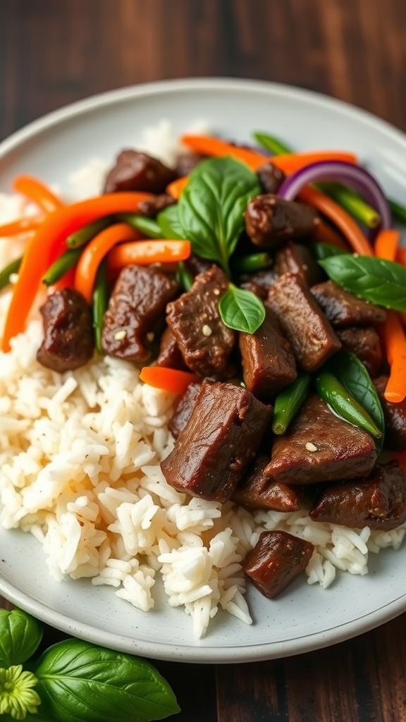 A plate of Thai Basil Beef Stir-Fry with rice, colorful vegetables, and fresh basil.