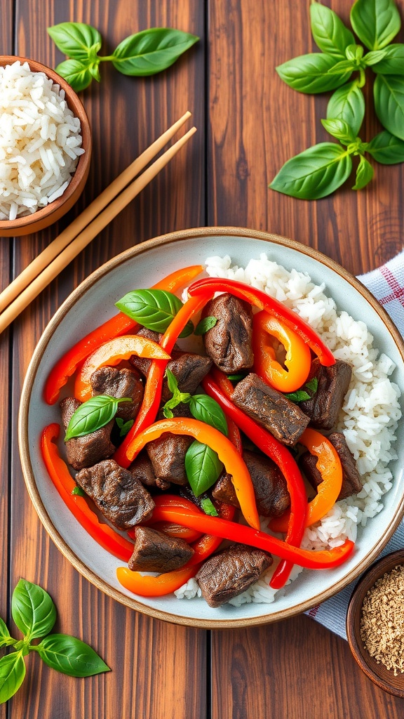 A delicious Thai Basil Steak Stir-Fry served with rice and colorful bell peppers.