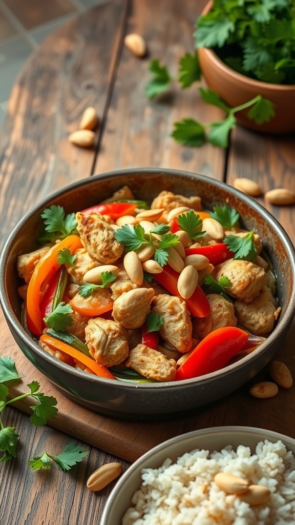 A colorful bowl of Thai chicken casserole with bell peppers, chicken, and almonds, served with rice.