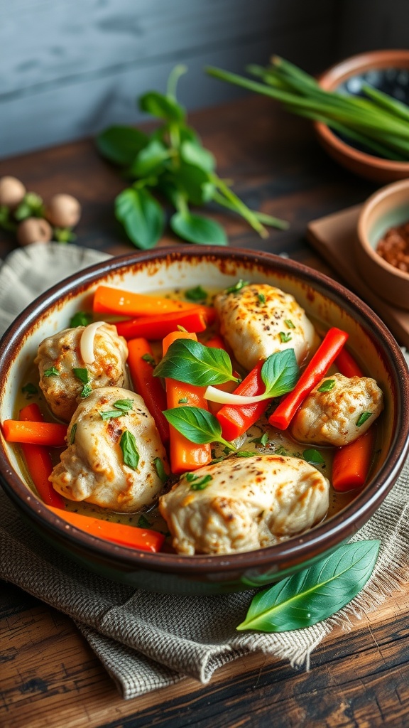 A colorful Thai chicken casserole with vegetables in a ceramic pot.