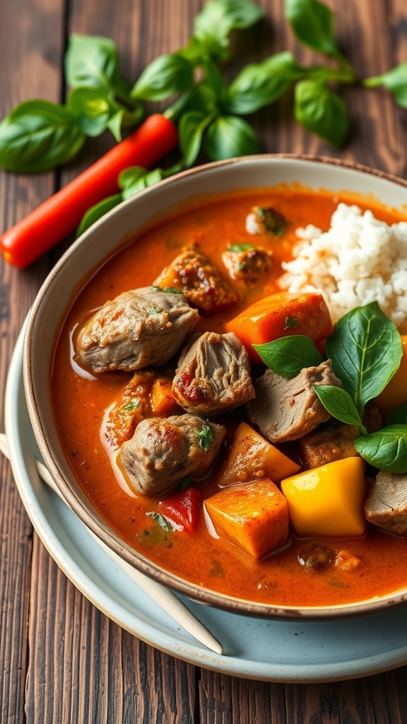 A bowl of Thai Red Curry Duck with rice and vibrant vegetables