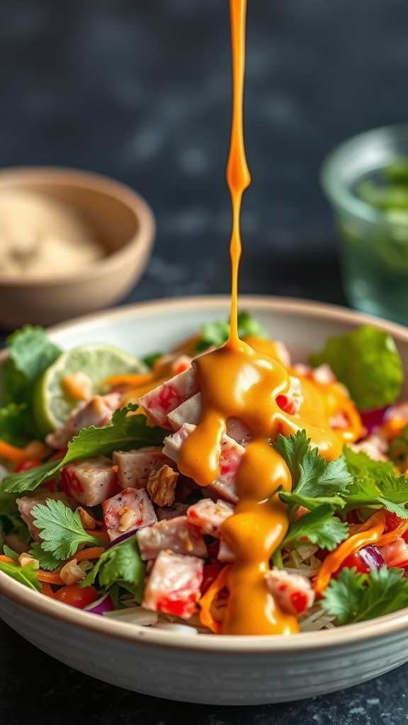 A colorful bowl of Thai Tuna Salad with Spicy Peanut Dressing, featuring tuna, greens, and vegetables.