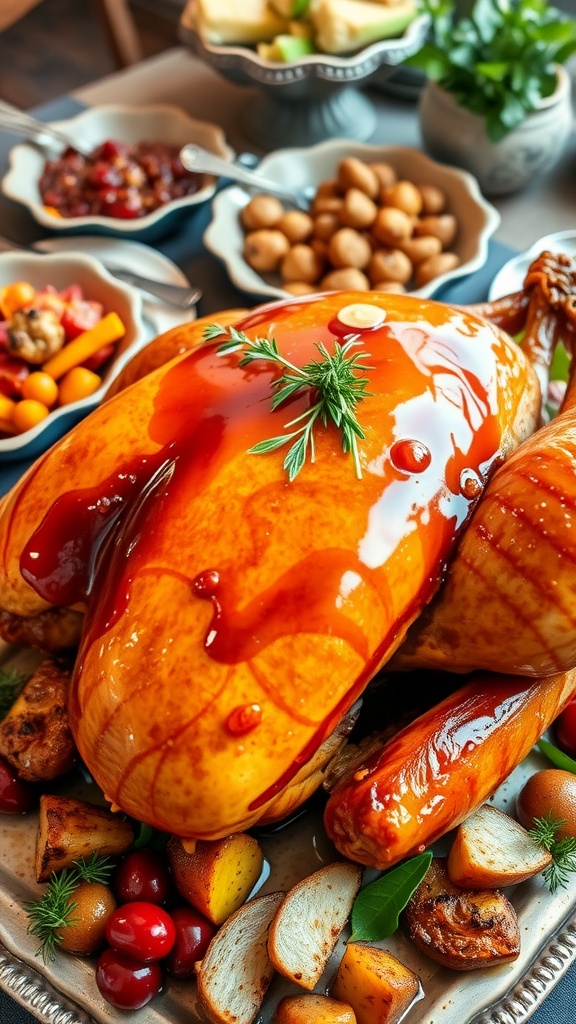 Sweet and Savory Honey Baked Turkey Recipe A golden-brown honey baked turkey on a platter with herbs, surrounded by festive side dishes on a rustic dining table.
