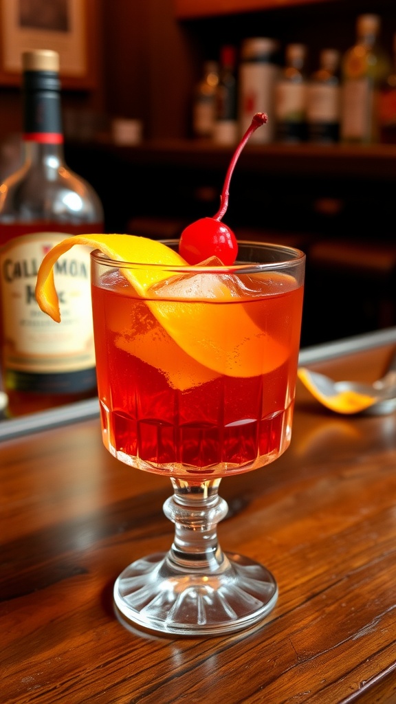 A classic Old Fashioned cocktail with whiskey, orange peel, and cherry, presented on a wooden bar.