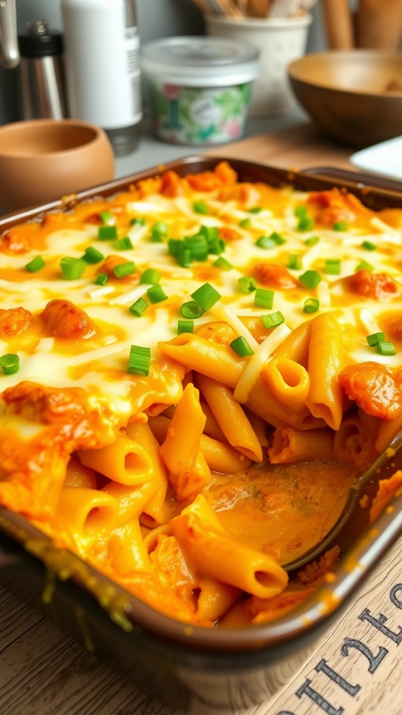 A creamy Buffalo Chicken Pasta Bake topped with melted cheese and garnished with green onions, served in a rustic baking dish.