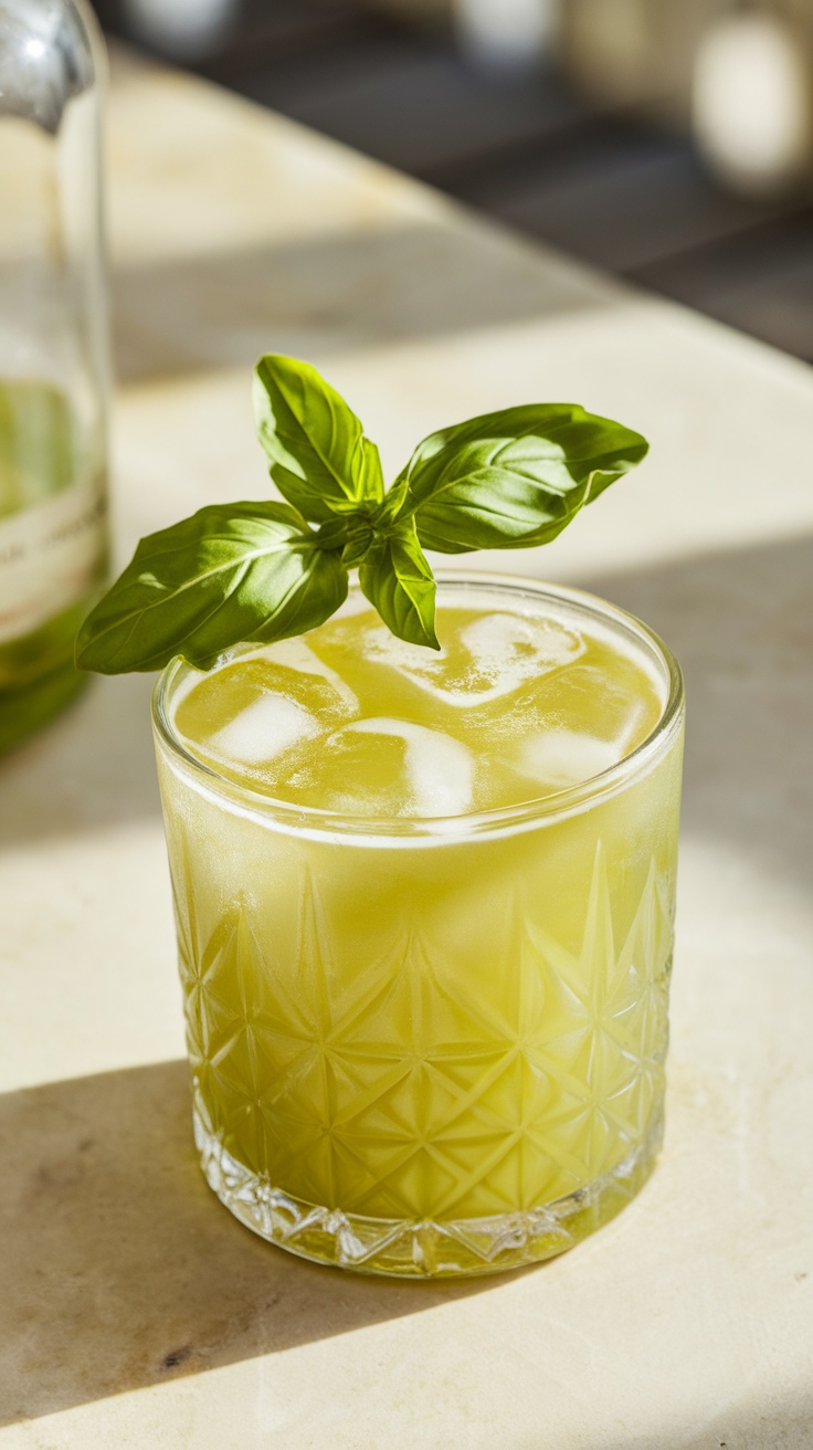 A refreshing Gin Basil Smash cocktail in a chilled glass, garnished with basil on a sunny patio.