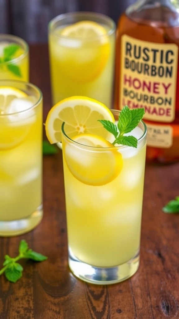 A glass of Honey Bourbon Lemonade with ice, lemon slice, and mint on a wooden table.