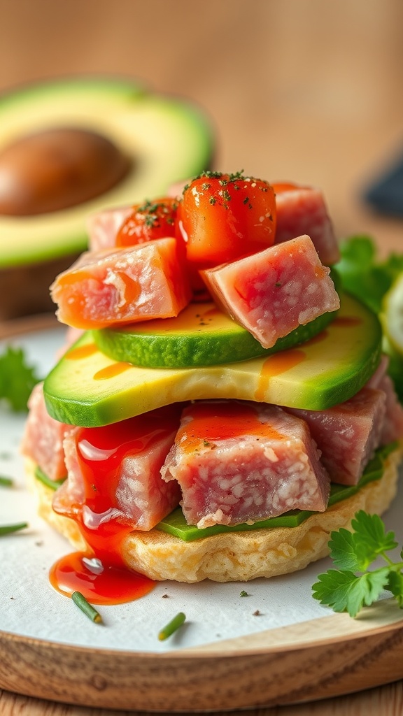 Flavorful Tuna and Avocado Stack Recipe Tuna and Avocado Stack layered in glasses with avocado, tuna, cucumber, and garnished with cilantro and sesame seeds.