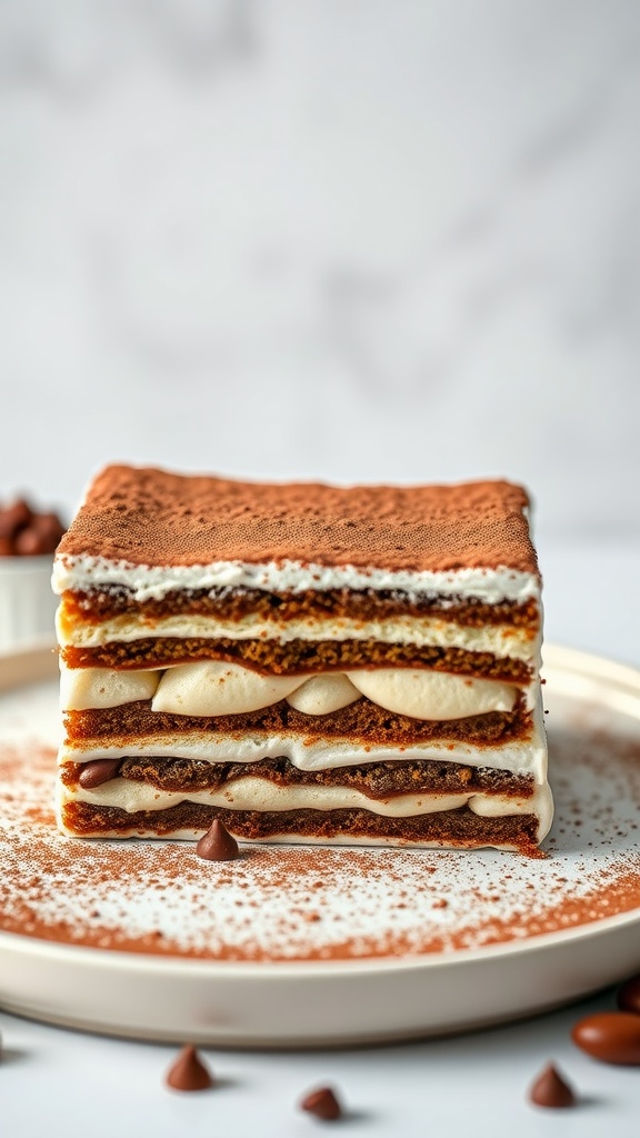A slice of tiramisu cake with layers of coffee-soaked cake and cream, topped with cocoa powder.