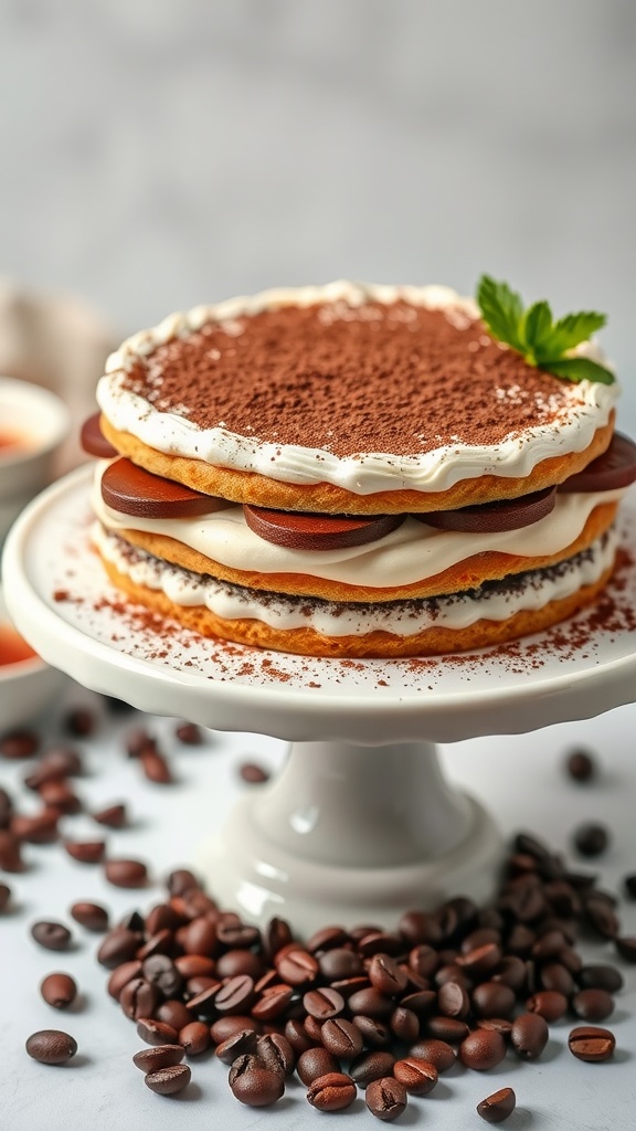 A beautifully layered tiramisu cake with cocoa powder on top, surrounded by coffee beans.