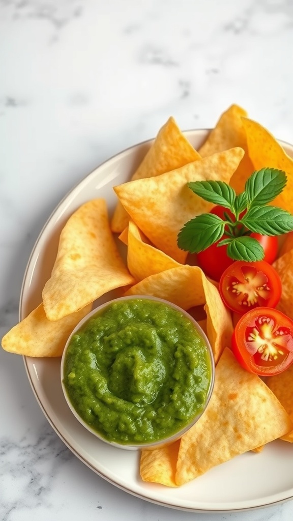 Plate of crispy tortilla chips with a bowl of green salsa verde and cherry tomatoes on a marble background.