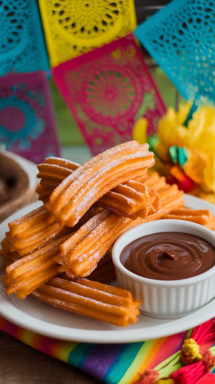 Delicious Churros with Chocolate Dipping Sauce Golden churros dusted with cinnamon sugar on a plate with chocolate sauce, decorated for Cinco de Mayo.