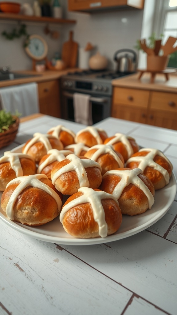 A plate of freshly baked hot cross buns with a cross on top.