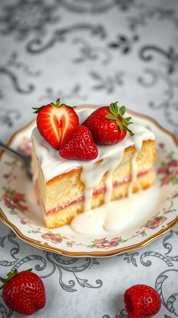 A slice of Tres Leches Cake garnished with strawberries on a decorative plate.