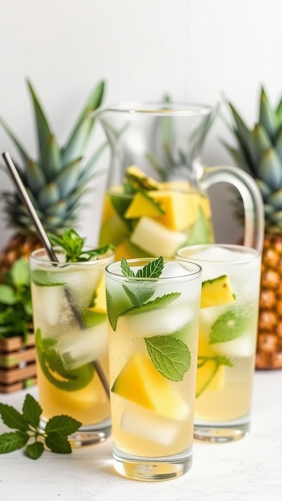 A pitcher and glasses of tropical agua fresca with pineapple and mint.