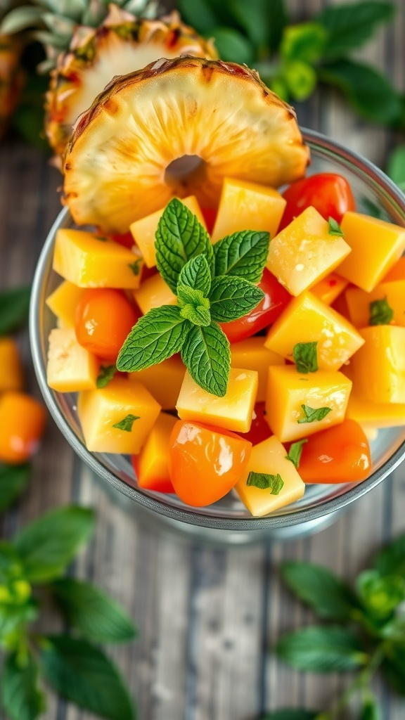 A vibrant bowl of tropical fruit salad with mango, cherry tomatoes, and fresh mint.