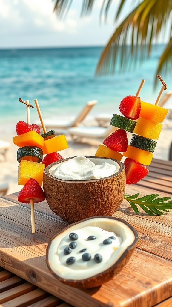 Tropical fruit skewers with coconut dip on a wooden table at the beach